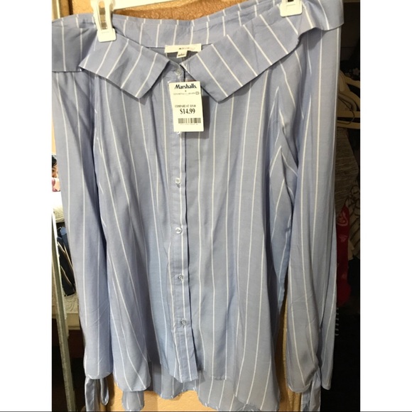 Light blue white striped long off shoulder top - Picture 2 of 5